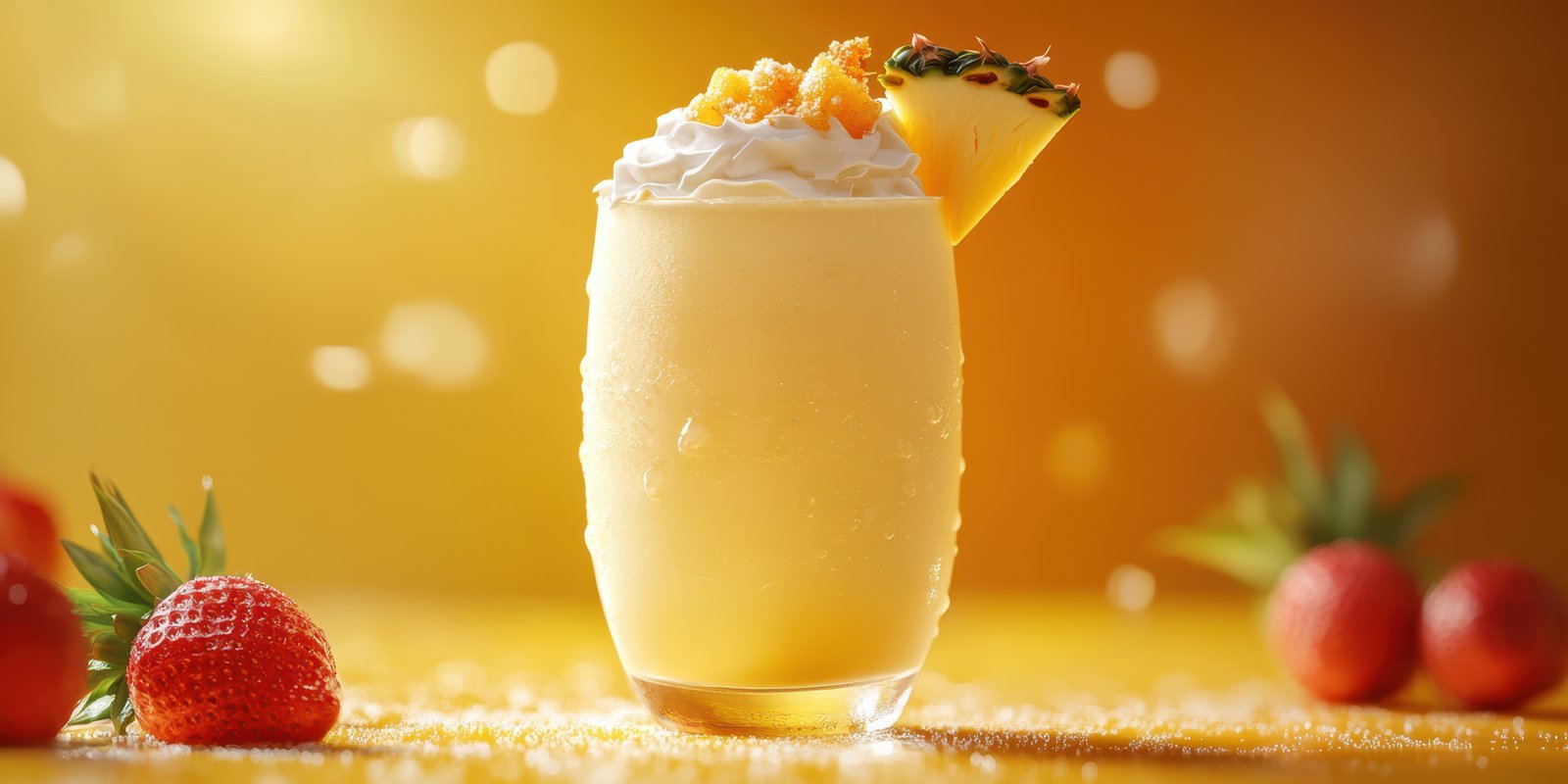 Refreshing tropical smoothie garnished with fruit on a vibrant golden background
